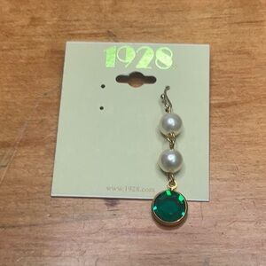 Gold-Tone Imitation Pearl with Dark Green Channels Drop Earring